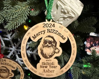 Merry Rizzmas Skibidi New Year Ornament - Engraved Maple Wood