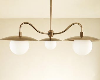 Modern Brass Chandelier,Three-Light Fixture with 8" Shades
