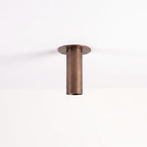May include: A bronze ceiling light fitting with a cylindrical body and a circular base. The fitting is mounted on a white ceiling. The light fitting is a modern design.