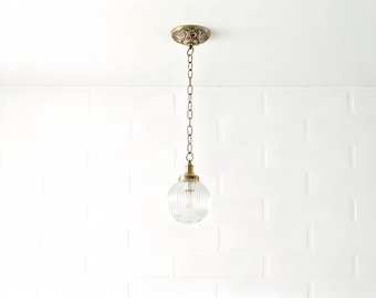 Pendant Light with Reeded Glass Globes-Brass Light Fixture-Chandelier Lighting - Model.PE0029