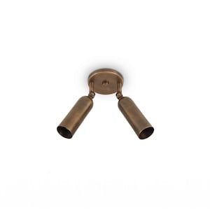 Peut inclure: Un plafonnier à deux lumières de couleur bronze. Le luminaire a une base circulaire avec deux spots cylindriques orientés vers le bas. La finition est une teinte métallique chaude, adaptée à divers styles d'intérieur.