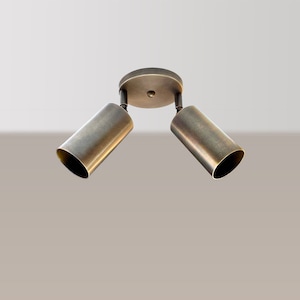 May include: A two-light ceiling fixture with a brushed brass finish and cylindrical shades. The fixture has a circular base and is mounted to the ceiling.