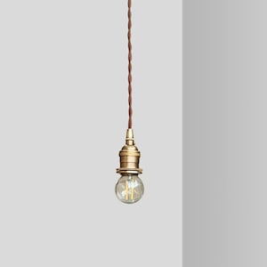 May include: A brass pendant light fixture with a clear glass bulb and a brown braided cord.