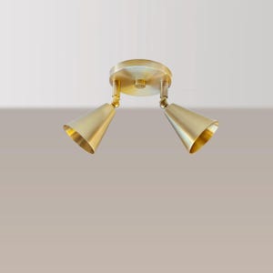 May include: A gold ceiling light fixture with two adjustable spotlights. The fixture has a round base and the spotlights are cone-shaped.