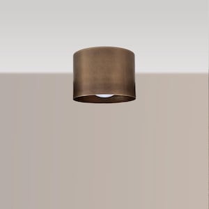 May include: A round, brushed brass ceiling light fixture with a white light bulb.