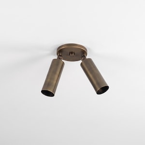 May include: A bronze-colored, two-light ceiling fixture. The fixture has a circular base and two cylindrical spotlights angled downward. The finish has a slightly aged appearance, suggesting a vintage or industrial design aesthetic.