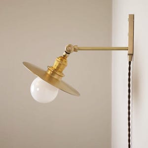 Peut inclure: Une applique murale en laiton avec une ampoule blanche et ronde et un abat-jour circulaire. La lampe a un bras réglable et un cordon torsadé noir. Le luminaire est monté sur une plaque rectangulaire en laiton.