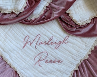 LACE Muslin Velvet Trim Lovey Blanket Six Layers with Personalized Hand Embroidered Name  ~  Gauze Lovey Blanket~ Custom Baby Gift