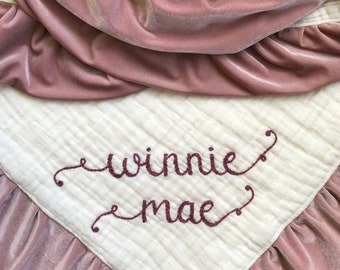 Blanket Muslin Velvet trim Six Layers with Personalized Hand Embroidered Name ~ Baby Gift ~ 45" Blanket~Custom Blanket