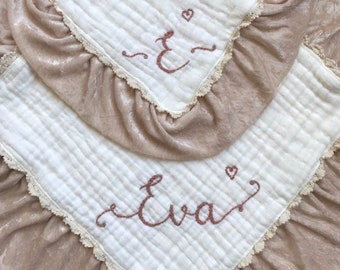 24" Size Muslin Velvet Trim Lovey Six Muslin Layers with Personalized Hand Embroidered Name ~ Custom Baby Gift Baby Shower ~Nursery Decor