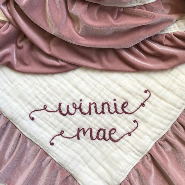 Blanket Muslin Velvet trim Six Layers with Personalized Hand Embroidered Name ~ Baby Gift ~ 45" Blanket~Custom Blanket