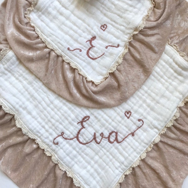 24" Size Muslin Velvet Trim Lovey Six Muslin Layers with Personalized Hand Embroidered Name ~ Custom Baby Gift Baby Shower ~Nursery Decor