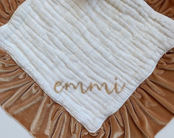 Loveys Muslin Velvet Trim Six Layers with Personalized Hand Embroidered Name ~ Baby Lovey ~  Gauze Lovey Blanket~ Custom Baby Gift