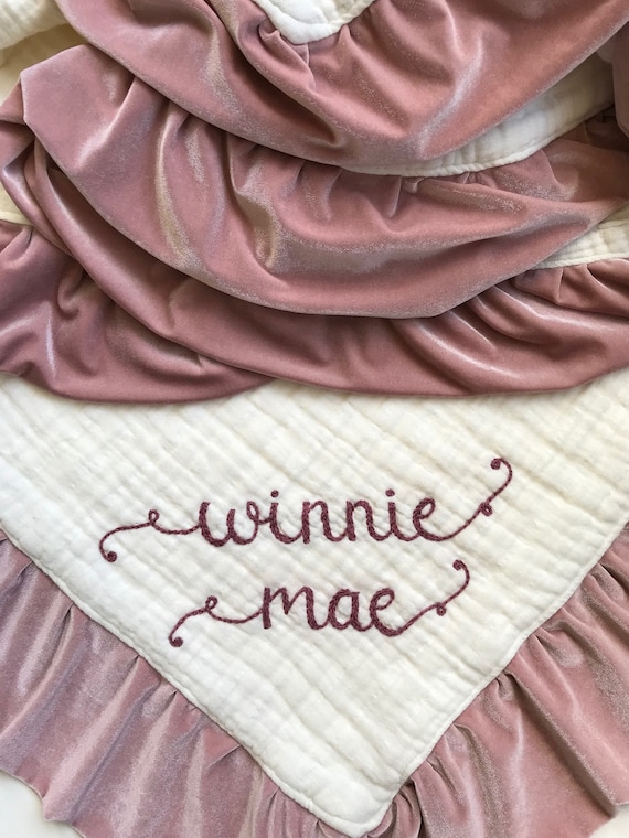 Blanket Muslin Velvet trim Six Layers with Personalized Hand Embroidered Name ~ Baby Gift ~ 45" Blanket~Custom Blanket