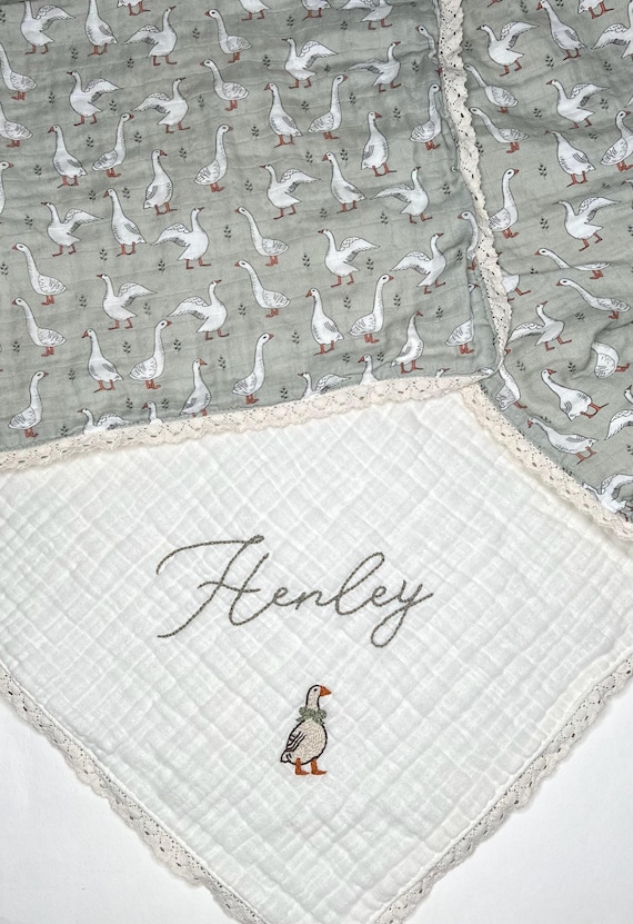 6 Layer Muslin Lace Trimmed Custom Personalized Hand Embroidered Loveys and Blankets ~ Custom Baby Gift ~ Embroidered Blanket ~Nursery Decor