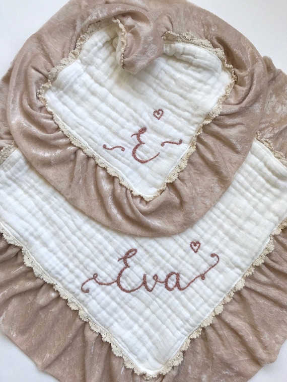 24" Size 6 Layer Muslin Velvet Trim Lovey with Personalized Hand Embroidered Name ~ Custom Baby Gift Baby Shower ~Nursery Decor ~ Heirloom