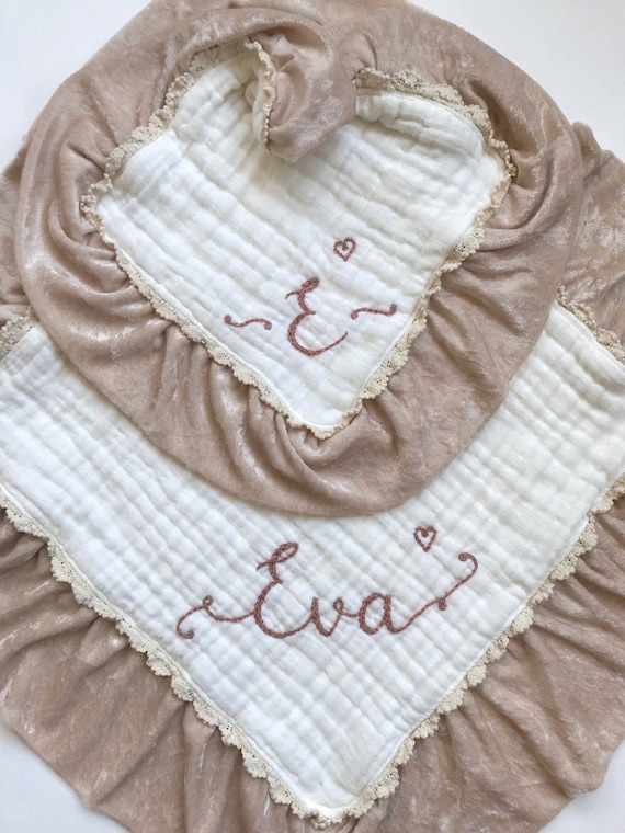 24" Size Muslin Velvet Trim Lovey Six Muslin Layers with Personalized Hand Embroidered Name ~ Custom Baby Gift Baby Shower ~Nursery Decor