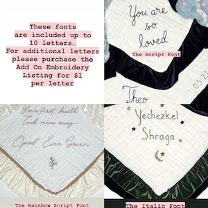 May include: Four different embroidery fonts for baby blankets. The fonts are "The Script Font", "The Rainbow Script Font", "The Italic Font", and a font with stars. The text in the image reads "You are so loved", "Your first breath took mine away... Opal Ever Green", "Theo", "Yechezkel", "Shraga", and "03.22".
