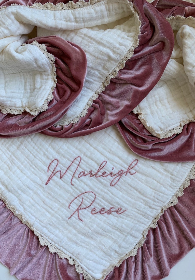 LACE Muslin Velvet Trim Lovey Blanket Six Layers With Etsy