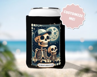 World's Best Dad Can Cooler, Father's day gift, Tarot style skeleton dad design cozy sleeve, Personalize it! Grandpa, uncle, Stepdad