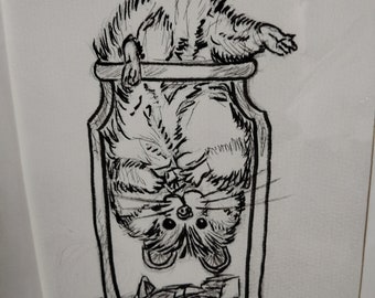 pen drawing of cute hamster stuck in a jar