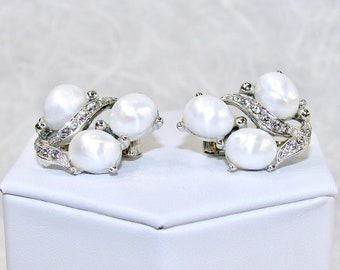 Enhanced Vintage Clip Earrings White Pearl Crystal Rhinestones Silver Tone Setting Wedding Bridal Formal Evening Prom MOG MOB MOH