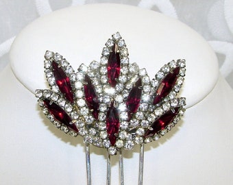 Christmas Valentines Wedding Red Rhinestone Hair Comb Jeweled Hairpiece Vintage Bride Headpiece Formal Evening Cocktail Jewelry Accessory