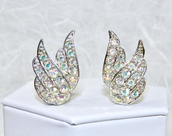 Sarah Coventry Aurora Borealis Rhinestone Clip Back Earrings Vintage Costume Jewelry Wedding Bridal Formal Pageant Ballroom Prom Cocktail