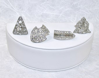 4 Small Dress Clips 1940's Vintage Costume Jewelry Rhinestone Silver Tone Gift For Her Stocking Stuffer Wedding Formal Pin Clip