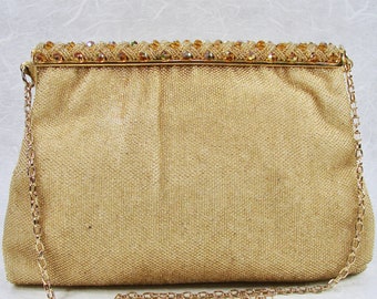 Vintage Beaded Purse Ornate Golden Crystal Frame & Gold Glass Beads Chain Strap Cocktail Evening Bag Formal Handbag Wedding Made In France