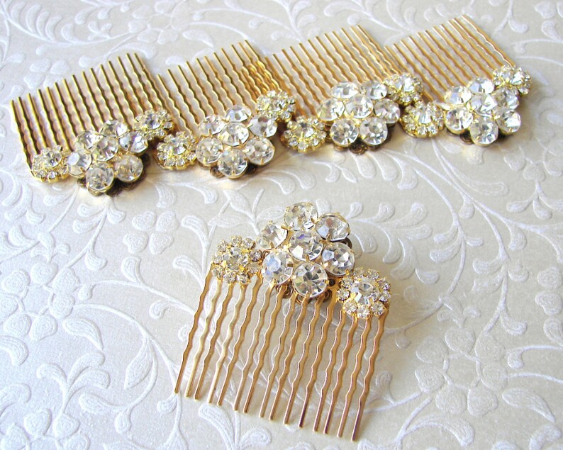 Rhinestone Flower Hairpiece Jeweled Hair Comb Gold Wedding Headpiece Bridesmaid Accessory Ballroom Pageant Jewelry Bohemian Chic Formal Prom image 6