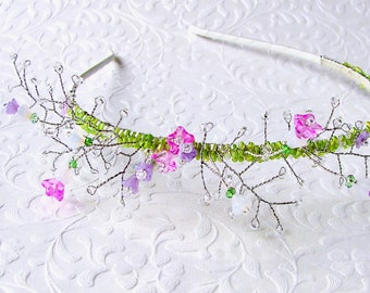SAMPLE SALE Floral Bridal Hairpiece Spring Wedding Glass Flower Garden Headband Crystal Beaded Diadem Bride Pink Purple Green