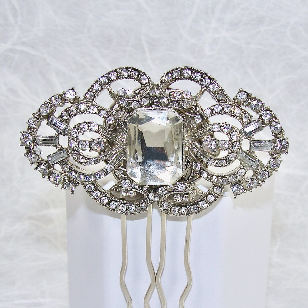 Peigne à Chignon Art Déco Argenté - Strass Blanc, Style Vintage QD22