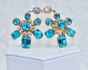Enhanced Vintage Aquamarine Rhinestone Dangle Earrings Gold Tone Crystal Clear & Aqua Blue Beach Bride Wedding Prom Formal Evening