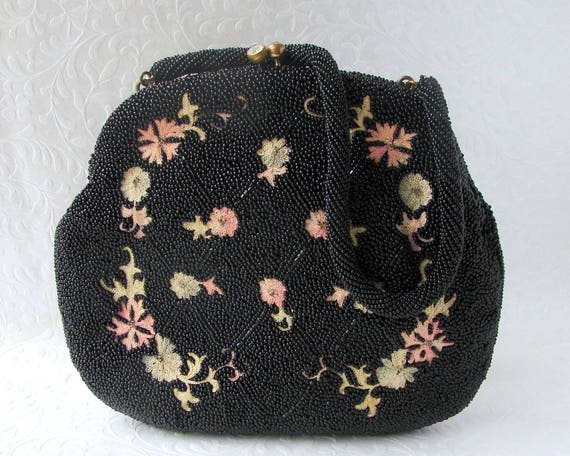 Vintage WALBORG Black Beaded Purse Floral Tambour