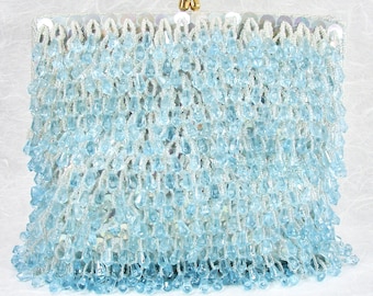 La Regale Vintage Chandelier Clutch Powder Ice Blue Acrylic Crystal Fringe Evening Bag Beaded Purse Sequin Gold Clasp Wedding Formal Prom