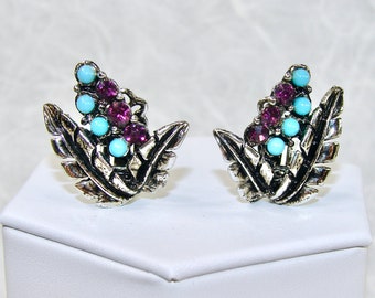 Vintage Clip Earrings Fruit Salad Purple Amethyst Rhinestone Faux Turquoise Beads / Cabochons Antiqued Silver Tone Leaf Design Setting