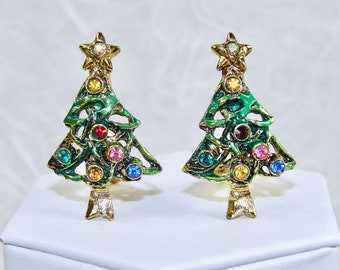 Vintage Christmas Tree Clip Earrings Holiday Costume Jewelry Fruit Salad Rhinestone Green Pink Red Blue Gold