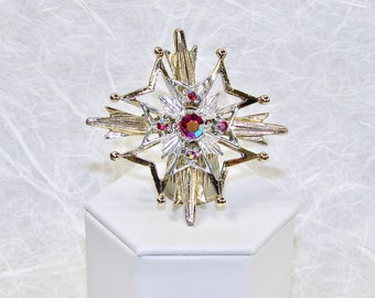 Maltese Cross Brooch Red Rhinestone Silver and Gold Tone Setting Costume Jewelry Pin
