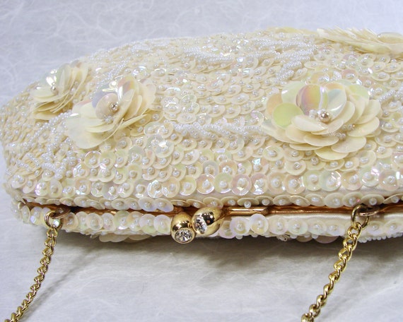 Vintage Delill Beaded Wedding Purse Ivory Sequin … - image 5