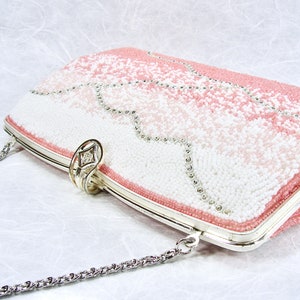Fabulous Vintage Beaded Purse Salmon Pink Blush Clutch White Glass Seed Beads & Rhinestone Handbag Silver Frame Strap Formal Evening Bag image 4