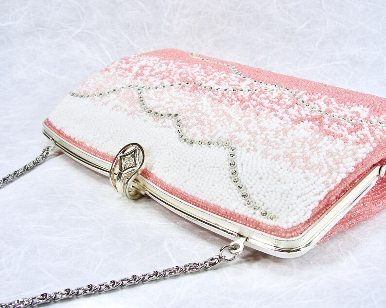 Fabulous Vintage Beaded Purse Salmon Pink Blush Clutch White Glass Seed Beads & Rhinestone Handbag Silver Frame Strap Formal Evening Bag image 4