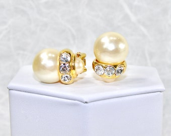Vintage Clip Earrings Large Ivory Pearl & Rhinestone Gold Tone Setting Wedding Bridal Formal Evening Prom