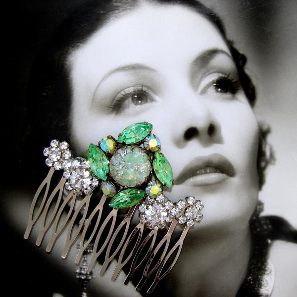 Vintage Green Rhinestone Hair Comb AB Foil Art Glass