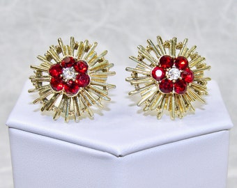 Enhanced Vintage Red Rhinestone Clip Earrings Vintage Costume Jewelry Christmas Formal Evening Bridal Wedding Prom Pageant Ballroom Repaired