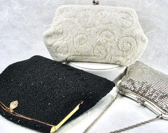 Lot of 3 SMALL Vintage Purses | Silk White Beaded Purse Black Glass Bead Clutch Whiting & Davis Silver Mesh Handbag Formal Evening Wedding