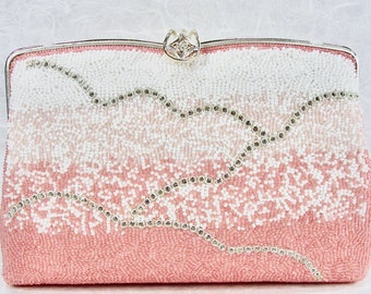 Fabulous Vintage Beaded Purse Salmon Pink Blush Clutch White Glass Seed Beads & Rhinestone Handbag Silver Frame Strap Formal Evening Bag