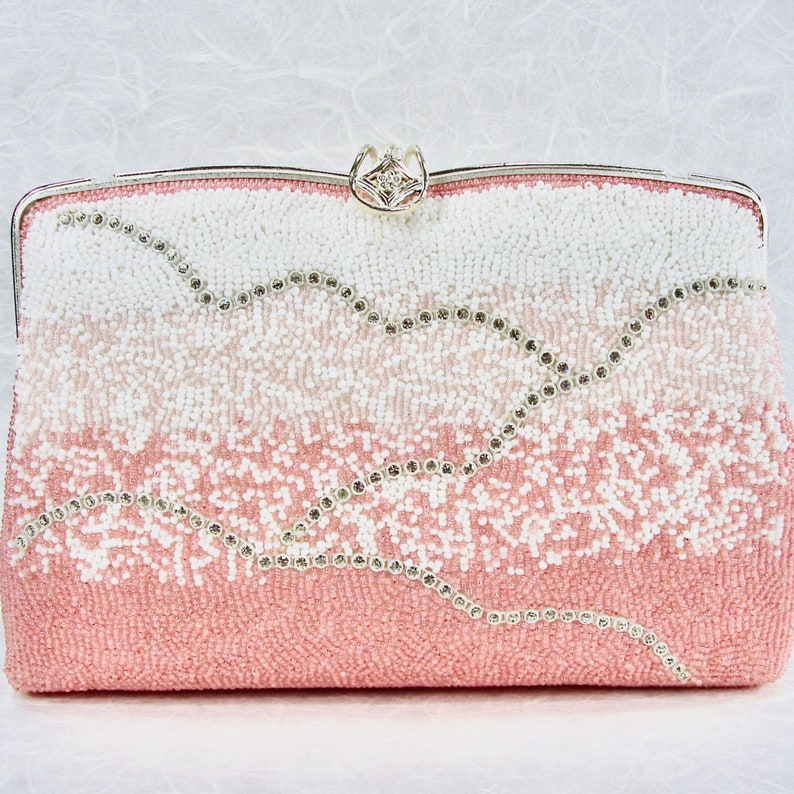 Fabulous Vintage Beaded Purse Salmon Pink Blush Clutch White Glass Seed Beads & Rhinestone Handbag Silver Frame Strap Formal Evening Bag image 1