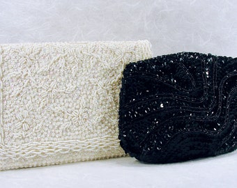 2 Vintage Beaded Clutches 1 Jet Glass Sequin Satin & 1 Silk White Pale Ivory Envelope Clutch Formal Evening Bag Cocktail Handbag