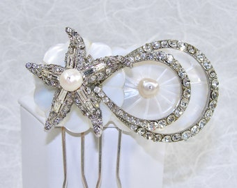 Starfish Bridal Hairpiece Jeweled Rhinestone Hair Comb Vintage Jewelry Mother Of Pearl Headpiece Shell Beach Wedding Chic Seaside Bride